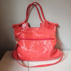 Coral Red Leather Shoulder Bag - Classic Women's Tote